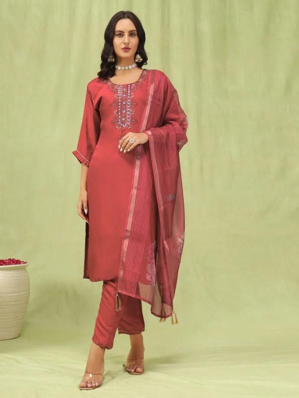 VP 9587 P Sweety Women’s Viscose Roman Silk Embroidery Straight Kurta Pant with Dupatta Set
